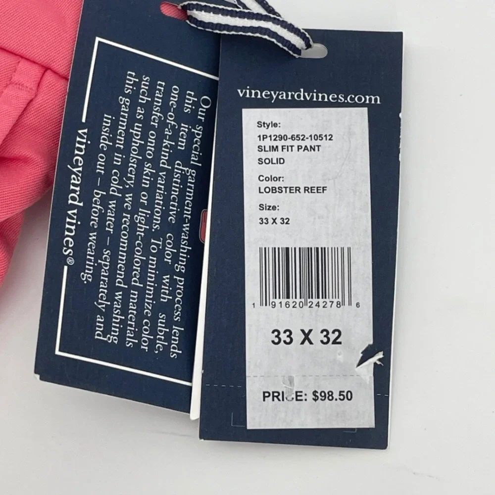 Vineyard Vines Slim Fit Pant Mens 33x32 Lobster Reef Pink Chino 1P1290 NEW